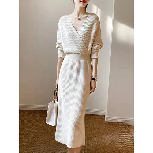 Vestido midi tejido para mujer cuello en V elegante suéter vestidos invierno damas - Imagen 8 de 30