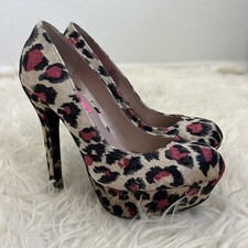 Betsey Johnson Diskko Pumps Leopard Cheetah Tan Black & Pink Velvet Size US 7.5