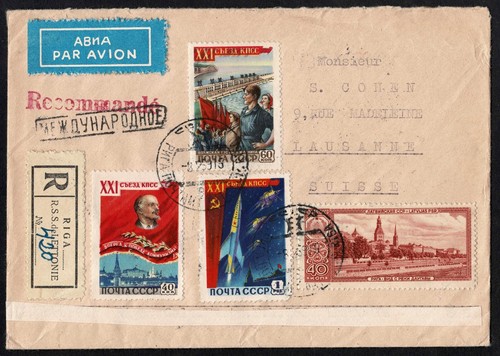 USSR 1959 Registered Airmail, Riga to Lausanne, 8 Stamps, Latvia Univ. - Picture 2 of 3