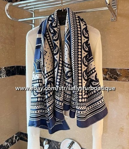 Sallys 70% Cashmere & 30% Silk Wrap Scarf Wheels Print Double Face Shawl 53" - Picture 5 of 11
