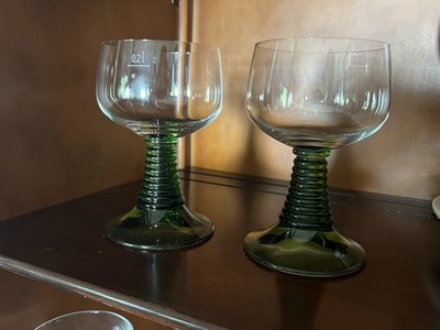 Pair Of Vintage German Roemer Wine Glasses Green Beehive Stem
