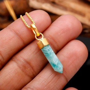 Authentic Natural Amazonite Point Pendant 925 Sterling Silver Gold Plated Healing Jewelry