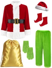 Earado Christmas Green Furry Monster Santa Costume for Men 8 PCS Deluxe Adult...