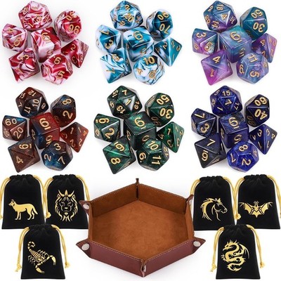 Portable Polyhedral Dice Set - 42 Pieces With Velvet Pouches & Tray Included
