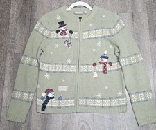 Croft  Barrow Full Zip Christmas Snowman Cardigan Sweater Women  s Size PS