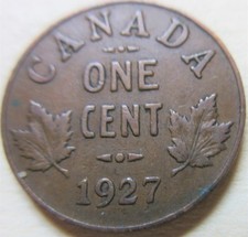 1927 Canada Small Cent Semi Key Date Coin. Penny 1 cent