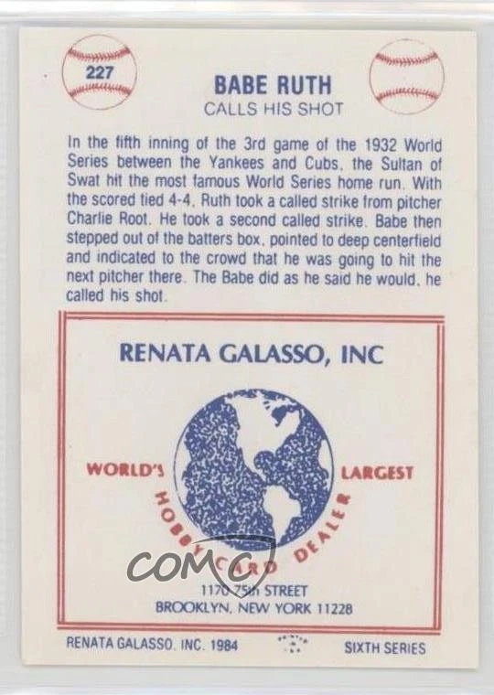 1977-84 TCMA Renata Galasso Series 6 Babe Ruth #227 HOF - Image 2 of 2