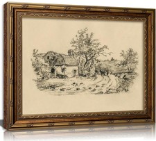 Vintage Gold Framed Sketch Cottage Canvas Wall Art,Rustic Farmhouse Neutral C...
