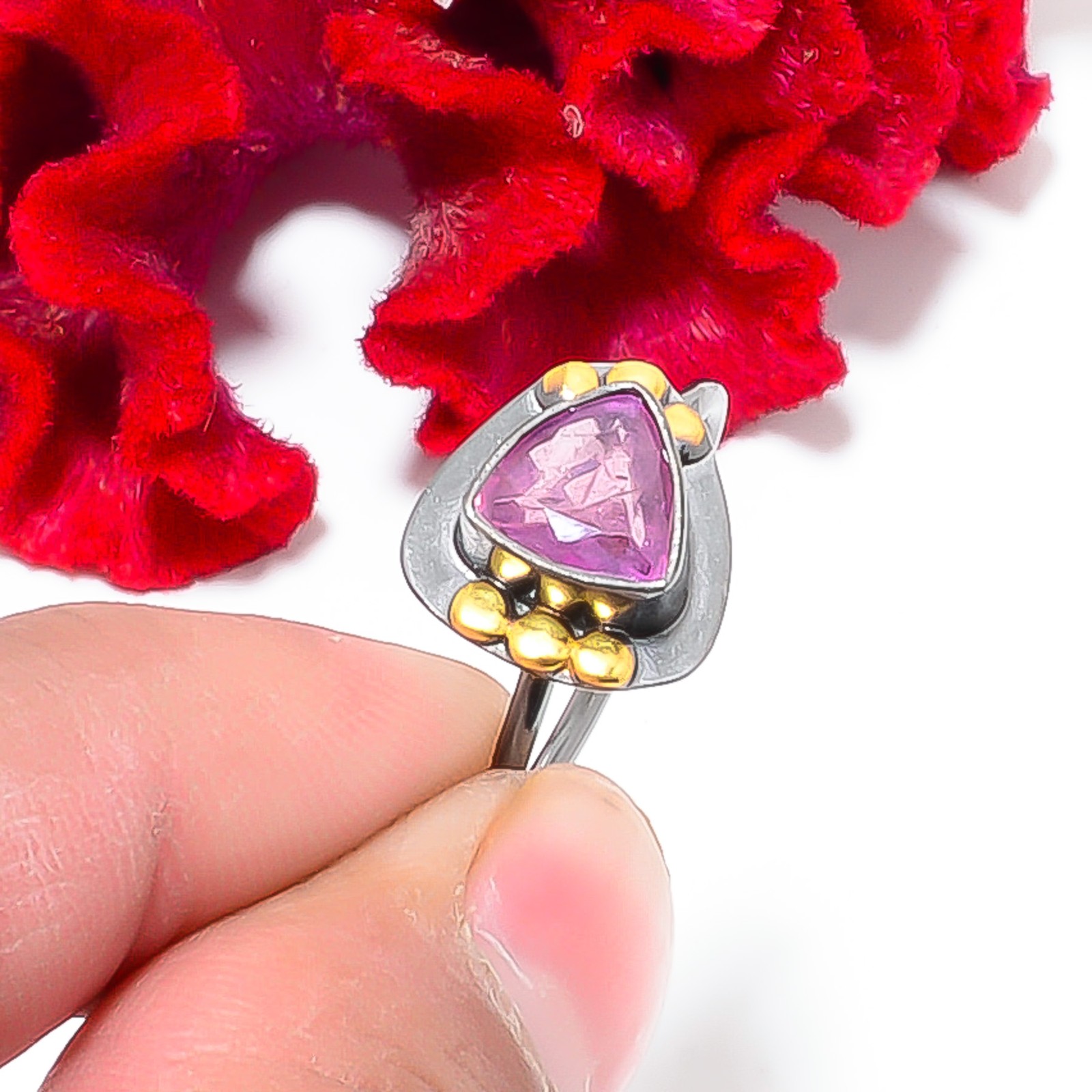 Ruby (Simulated) Black And Gold Plated 925 Sterling Silver Ring S.8 R844184