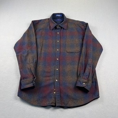 Pendleton Lodge Shirt Mens L Brown Plaid Wool Button Up Flannel Outdoor Classic