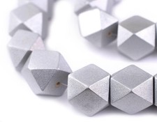 Silver Diamond Cut Natural Wood Beads 20mm Faceted Large Hole 16 Inch Strand