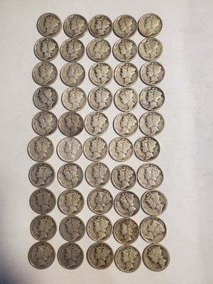 FULL ROLL (Lot Of 50) 1916-1945 MERCURY 90% SILVER DIMES  GREAT RANDOM DATES 