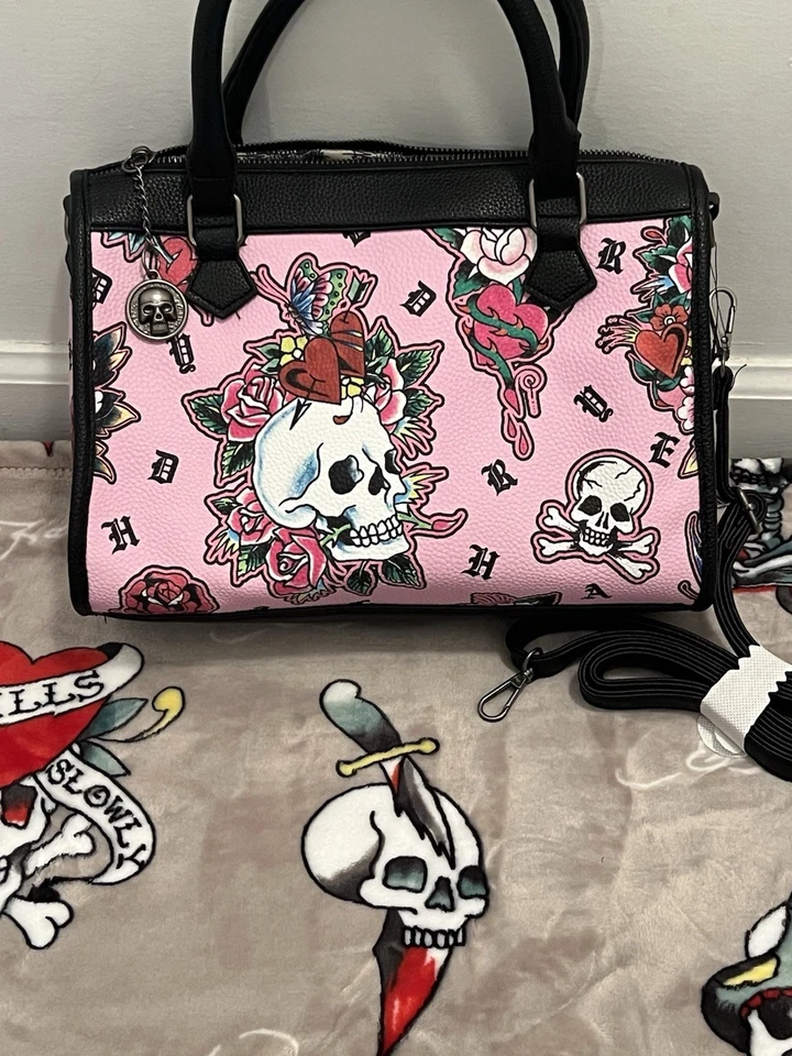 Ed Hardy Tattoo Women’s Skull & Roses Print Pink Satchel Crossbody Shoulder Bag - Image 2 of 4