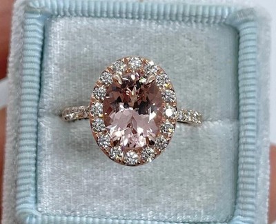 2.30Ct Oval Cut Lab Created Morganite Halo Engagement Ring Rose Gold Plated