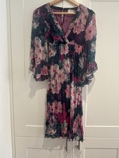 Womens Floral Chiffon Dress UK 8 Pink Purple Pleated Boho Occasion Midi Dress