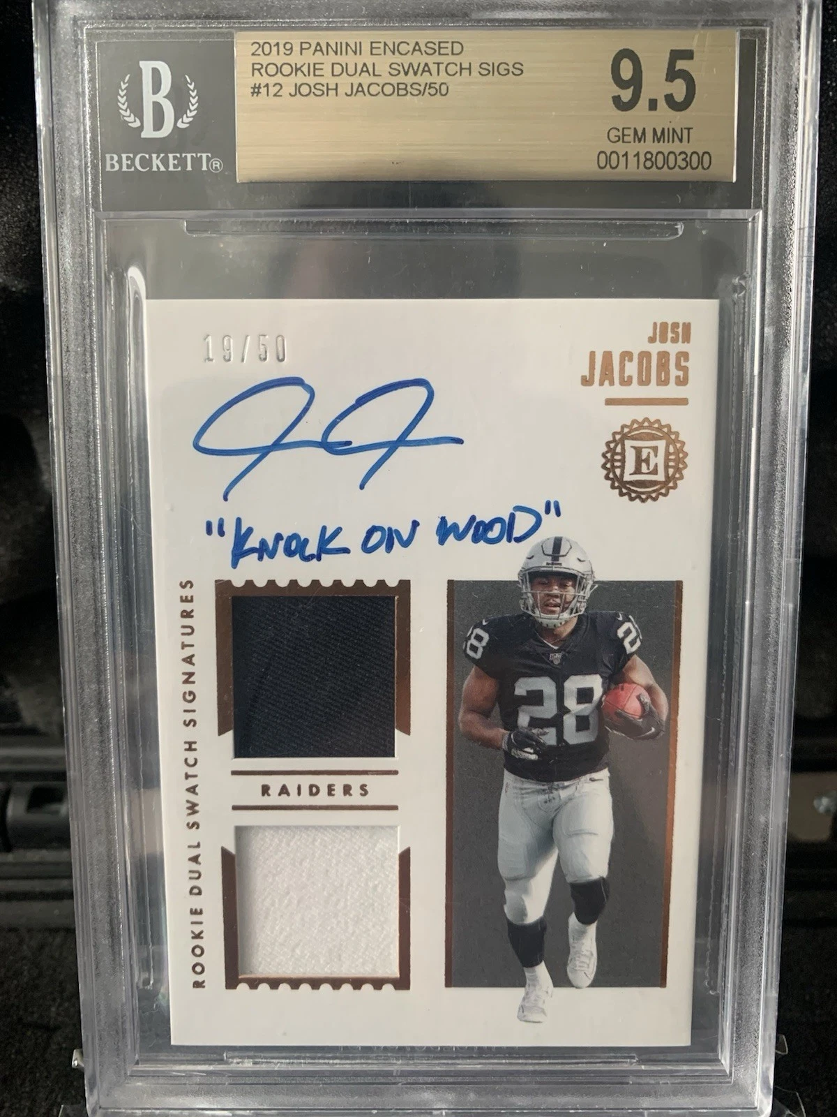 Josh Jacobs Panini Encased Rookie Dual Swatch Signatures #JJA Gold