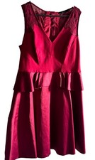 Karen Millen Red Satin Midi Dress UK 14 Structured V Neck Occasion Wedding Guest