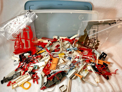 JUNK YARD SUPPLIES Misc. Left Over Model Car and Airplane Parts in Sterilite Tub