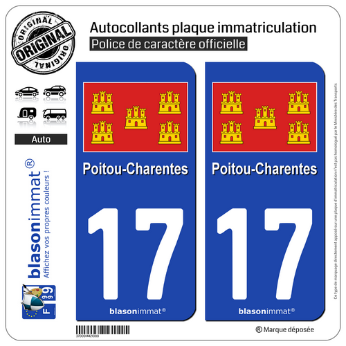 2 Stickers autocollant plaque d'immatriculation | 17 Poitou-Charentes - Drapeau - Picture 1 of 1