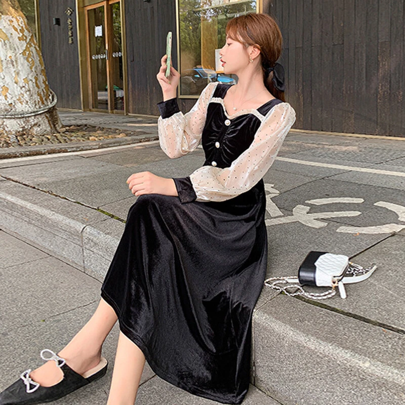 Mujeres Vestidos Midi Terciopelo Pleuche Lunares Botón Volantes Manga Larga Elegante Foto 4 de 4