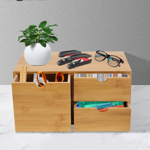 Storage Box Bamboo Table Desk Organizer w/ Drawers fit for Office Home Supplies