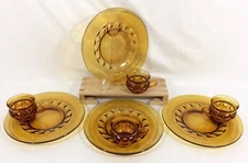 Indiana Glass Amber Kings Crown Thumbprint 4 Snack Plate & 4 Cup Set Vtg UNUSED