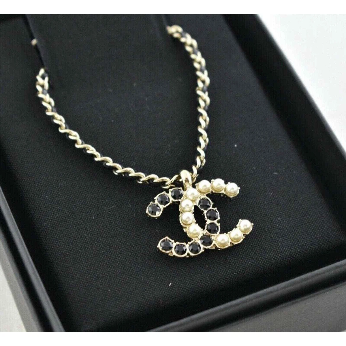 Chanel 20B Gold Pearl Black Crystal CC Logo Statement Pendant Chain Necklace