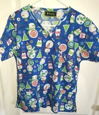 women SCRUBS CHRISTMAS TOP SHIRT WORK WEAR medium SNOWMEN BONITA brand MEDICAL