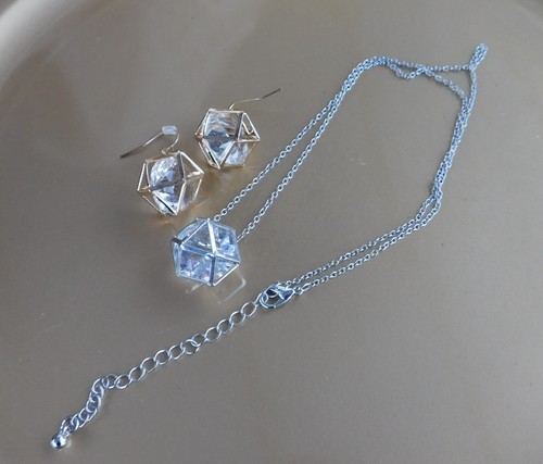 Vintage 80's Caged Octagon Adjustable 21" Necklace & Pierced Dangle Earrings - Picture 8 of 11
