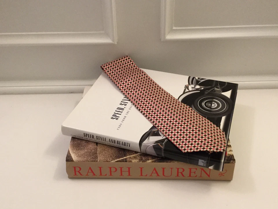 Polo Ralph Lauren 领带棕色带奶油色粉色几何方形 100% 真丝手工制作 — 第 3/4 张图片