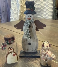 Vintage LOT of 3 Folk Art Primitive Country Mix  Christmas Ornaments Snowman