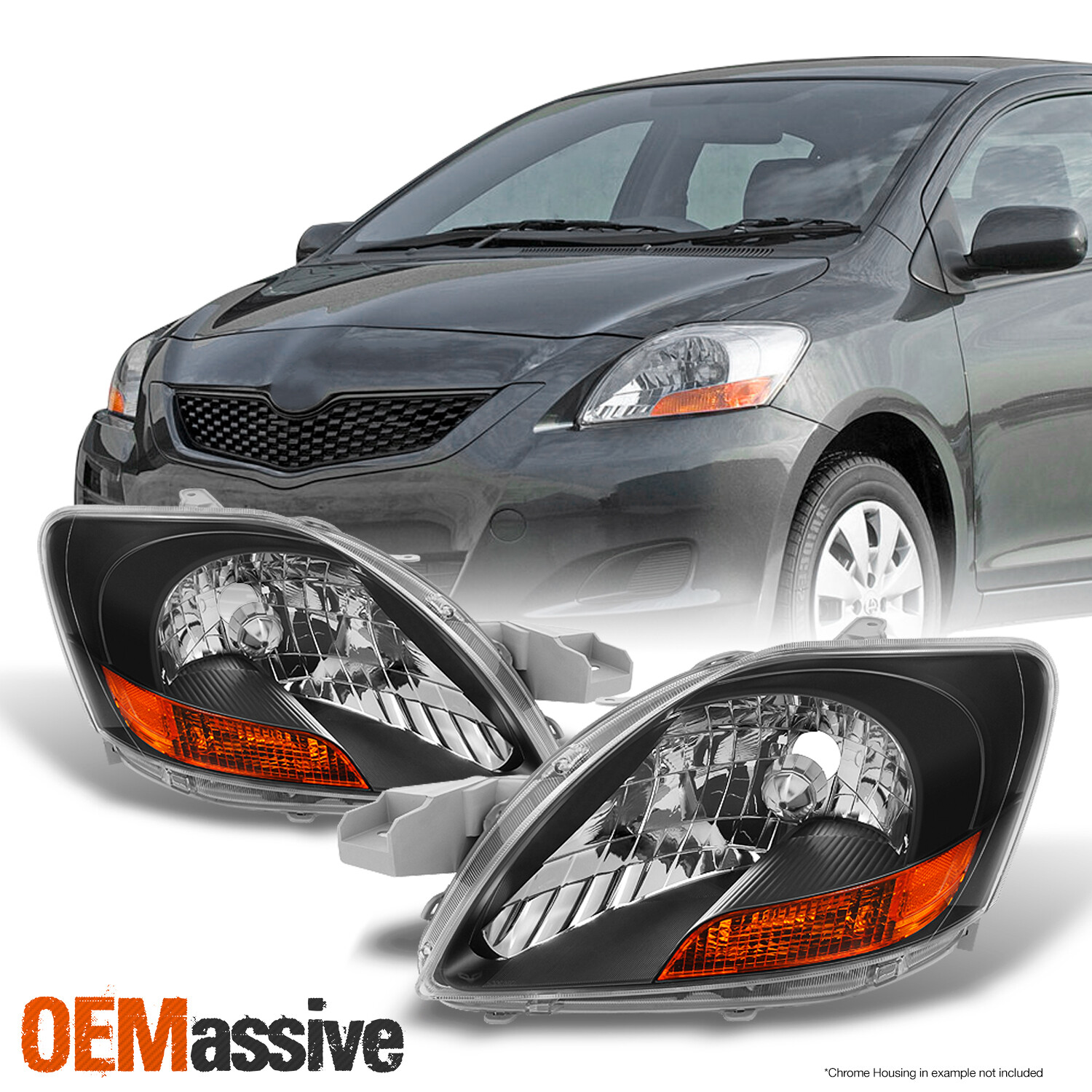 Fits 07 12 Toyota Yaris Sedan Black Bezel Headlights Lamps Replacement 