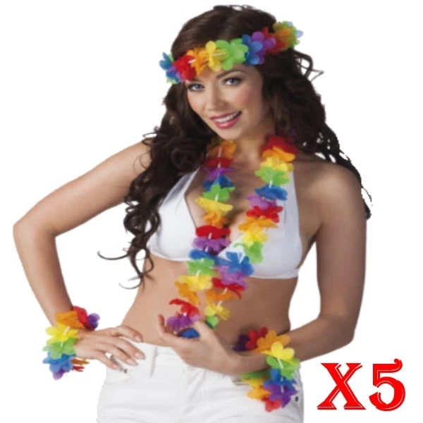 5 juegos de collar guirnalda, diadema y pulseras Lei Hula fiesta hawaiana 4 piezas HW031 Foto 4 de 4