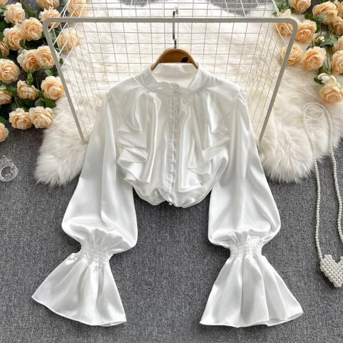 Women Ruffle Blouse Top Faux Silk Satin Puff Sleeve Retro Shirt Elegant New - Bild 7 von 21