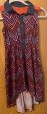 Emily West Girls Dress Size 10 Blue Denim Red Geometric Print Sleeveless