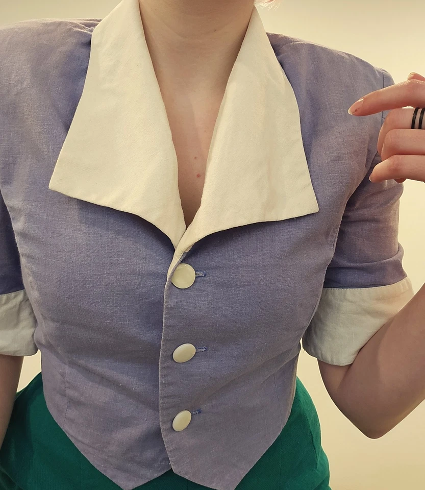 Blusa Rockabilly Vintage Años 40 Púrpura Azul Lavanda Top Pin Up Segunda Guerra Mundial Pequeña/Mediana Foto 4 de 4