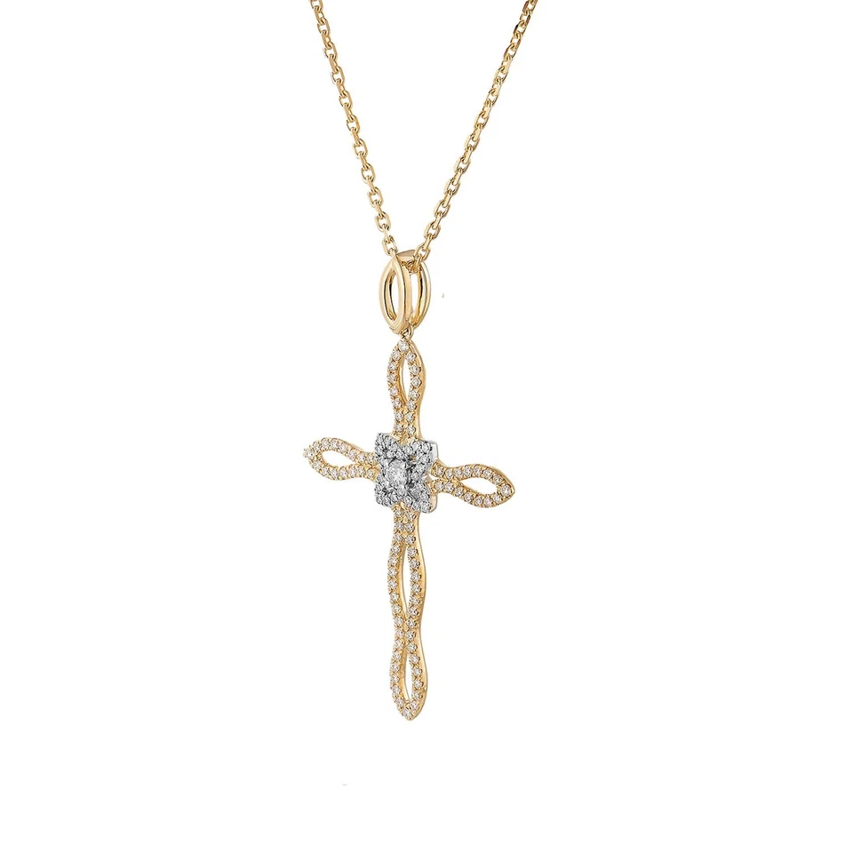 14K два тона белое и желтое золото натуральный бриллиант крест подвеска ожерелье MZ71485 - Изображение 2 из 4