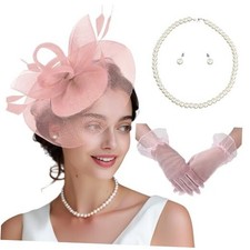 Fascinator Hats for Women Tea Party Hats and Gloves Pearl Jewelry Blush Pink