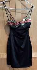 Black Satin Floral Applique Mini Slip Embroidered Bustier Sz Med -Y2K, Coquette