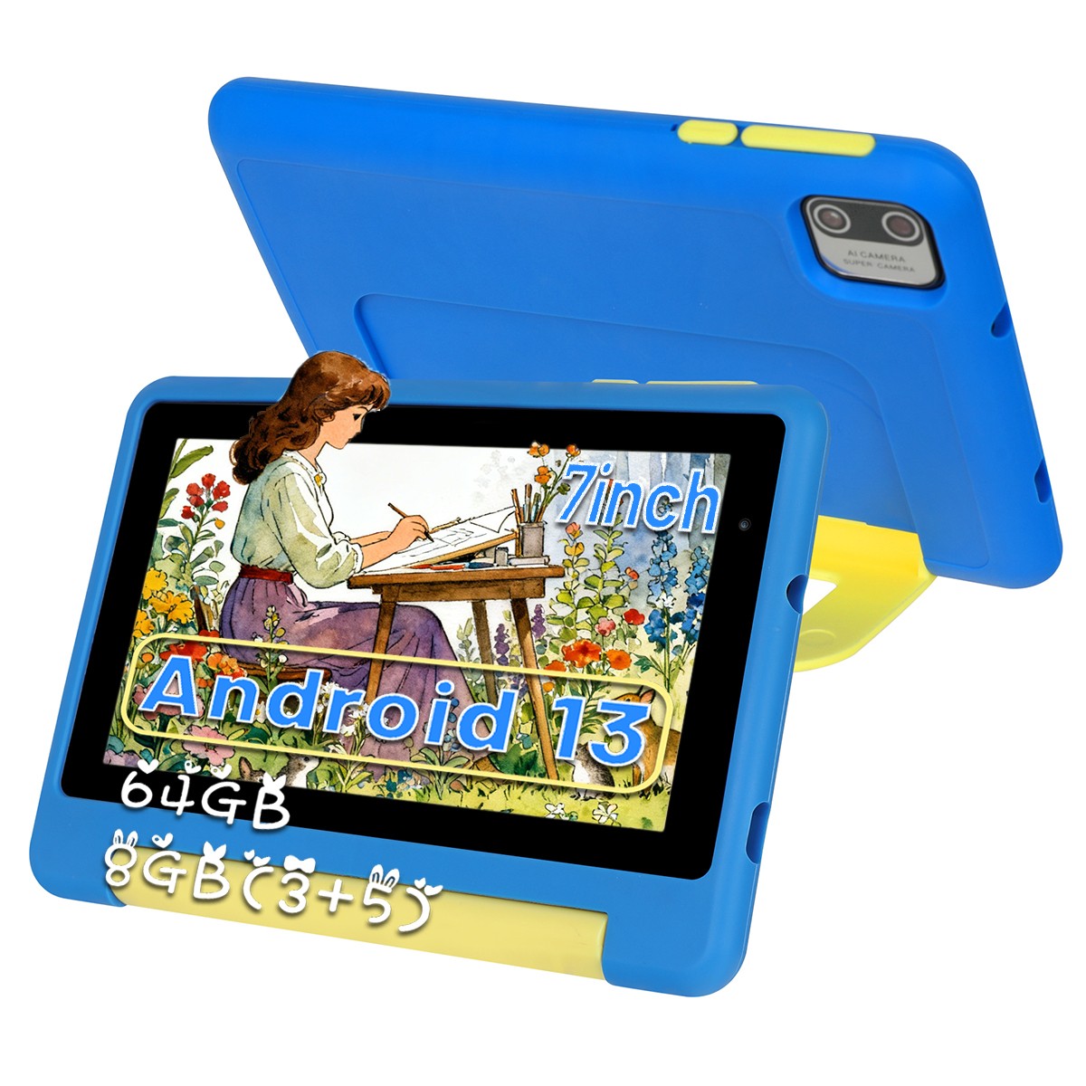 7" Android 13 Tablet for kid 8GB RAM 64GB ROM Dual Camera Shockproof IPS LCD