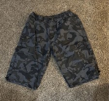 Men's Camouflage Cargo Shorts Gray Black Cotton Adjustable Waist Flat Front XL