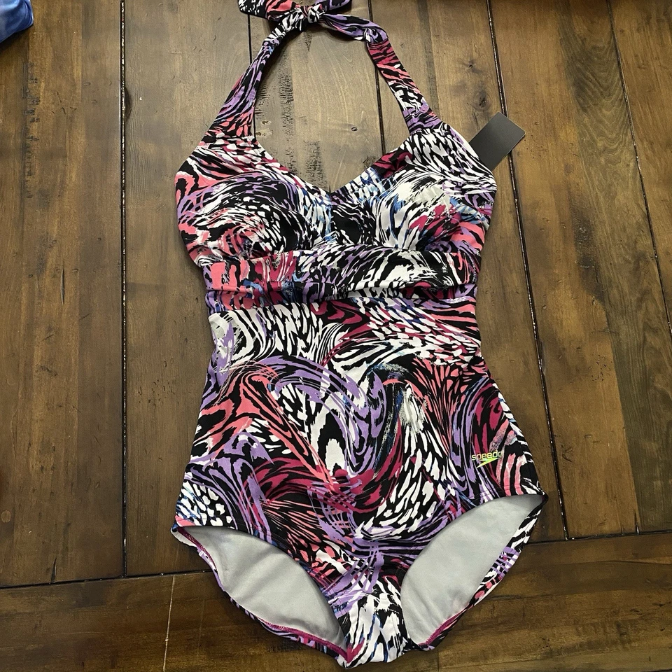 Traje de baño Speedo para mujer 8 de una pieza halter corbata top festival fucsia animal remolino Foto 2 de 4
