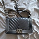 CHANEL Boy Bag Small Black Chevron Quilted Leather Shoulder Bag Silver HW