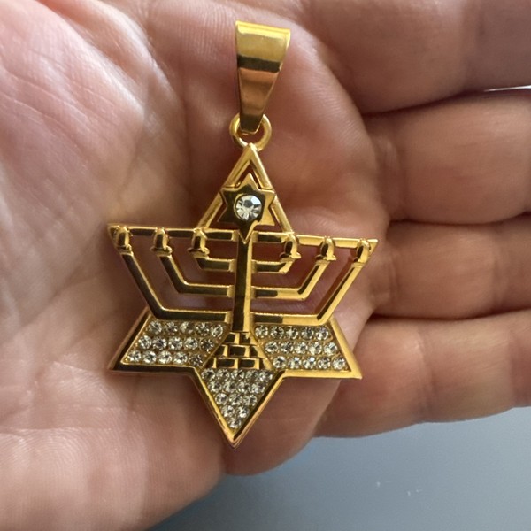Alternate view of Gold Plated Jewish Menorah Star David Pendant Inch Chain Cubic