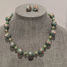 Vintage Teal Murano Italy Wedding Cake Glass Gold Pink Roses Necklace & Earrings