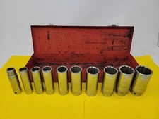 Vintage Wright Tool 10 Piece 3/4" Drive Standard Socket Set In Metal Box Case