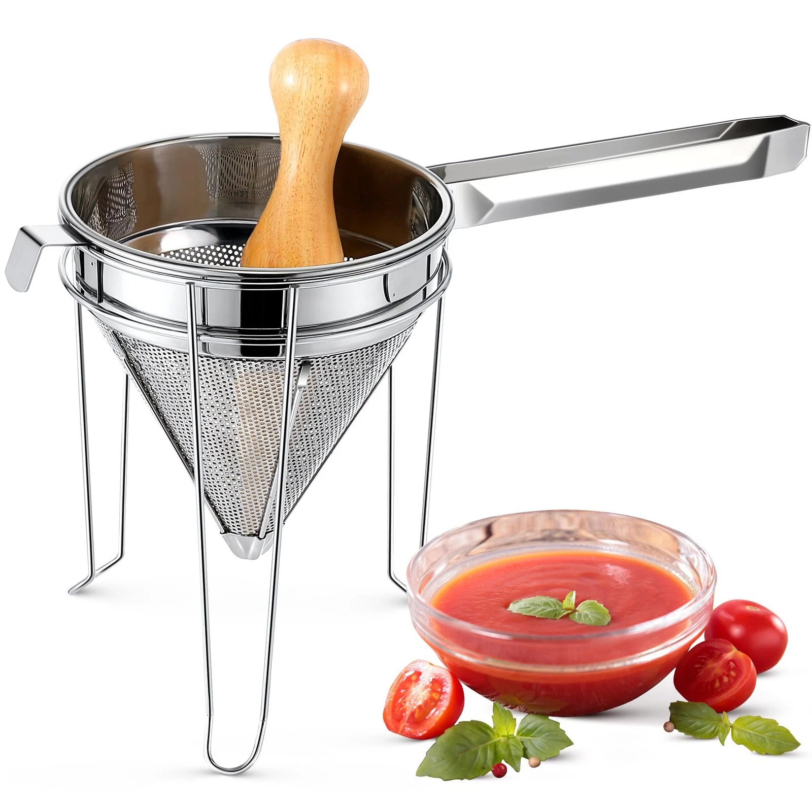 Stainless Steel Chinois Strainer with Stand and Wooden Pestle Set, China Cap ...