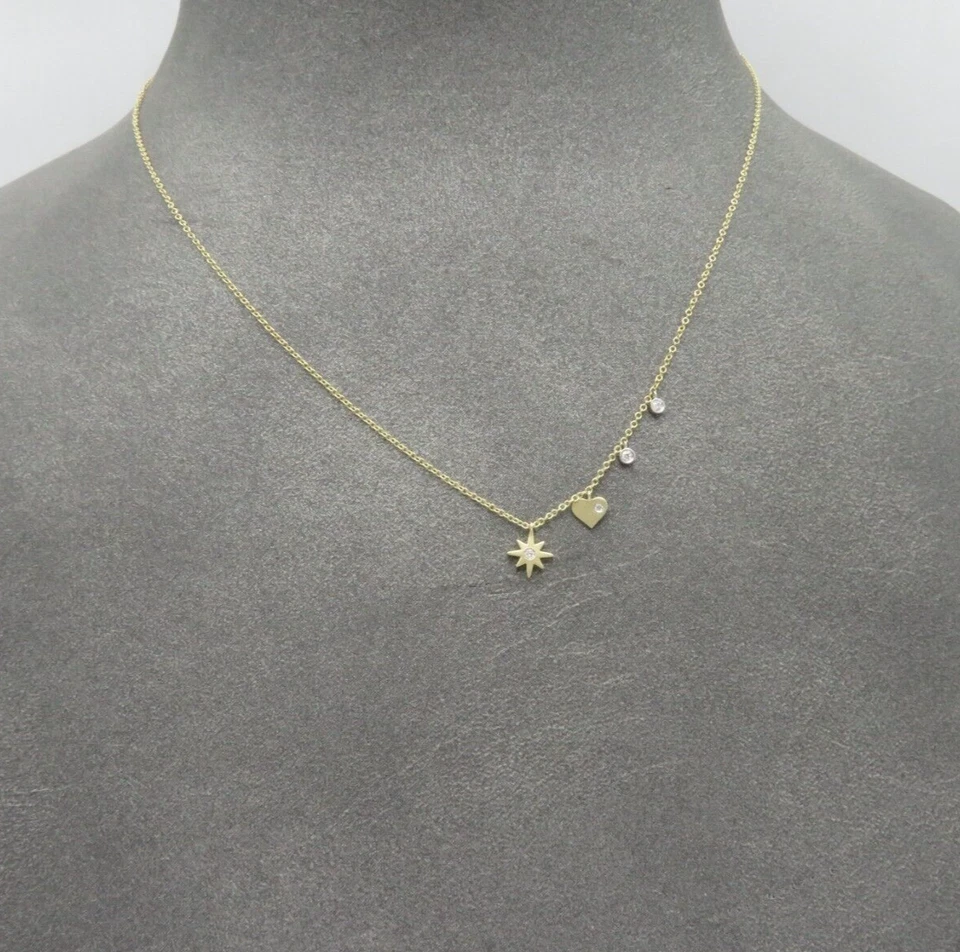 14K SOLID YELLOW WHITE GOLD NATURAL DIAMOND DANGLE DROP NECKLACE MeiraT  Dainty - Image 4 of 4