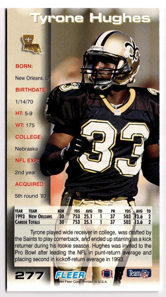 1994 Fleer GameDay - #277 Tyrone Hughes (RC) New Orleans Saints  - Image 2 of 2