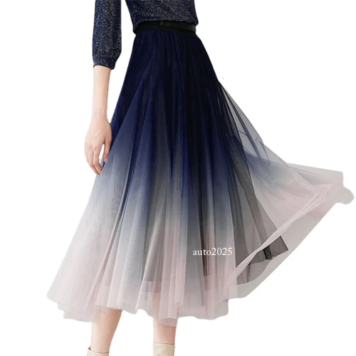 Damen Farbverlauf Rock weich atmungsaktiv Tüll Maxi hohe Taille Plissee Kleid - Bild 4 von 10